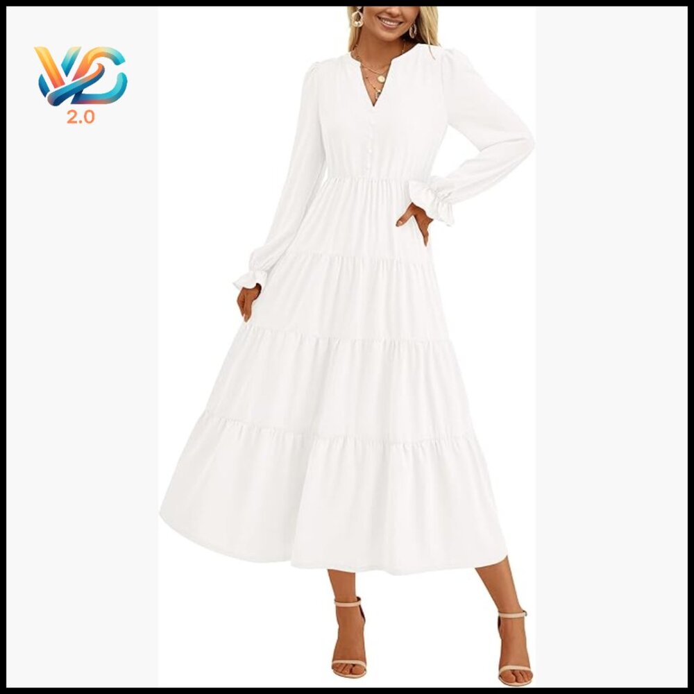 Long Sleeve V-Neck A-Line Maxi Dress Tiered Ruffle Formal Casual